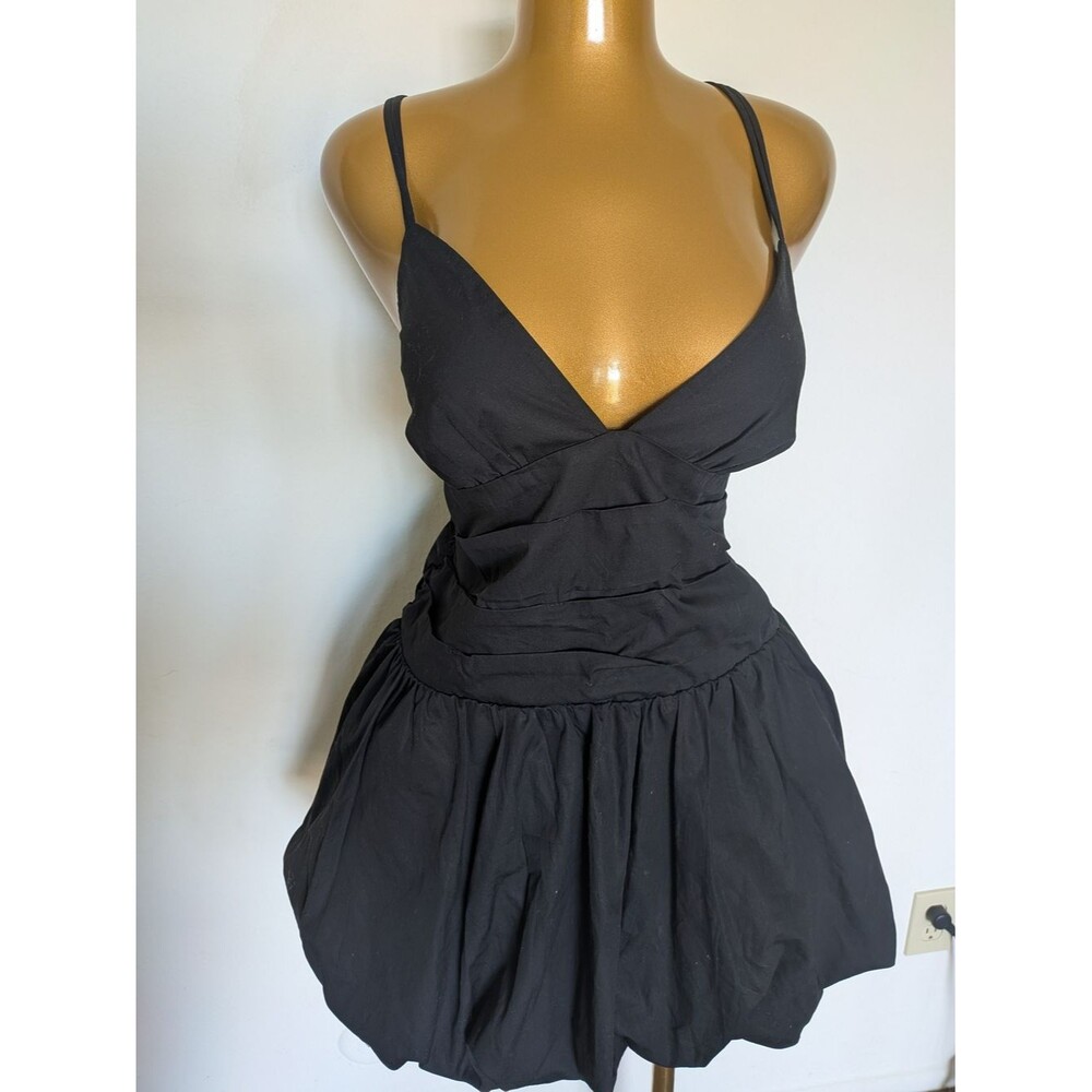 Black V-Neck Ruched Bubble Hem Mini Dress Spaghetti Strap Cocktail Party Dress-L